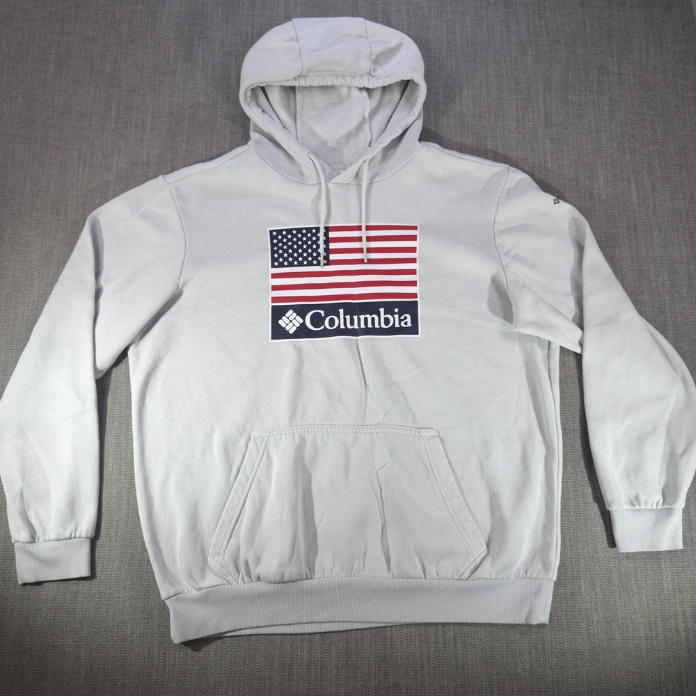 Columbia Hoodie Mens Large White Flag Logo Fleece Kangaroo Pocket Sweatshirt